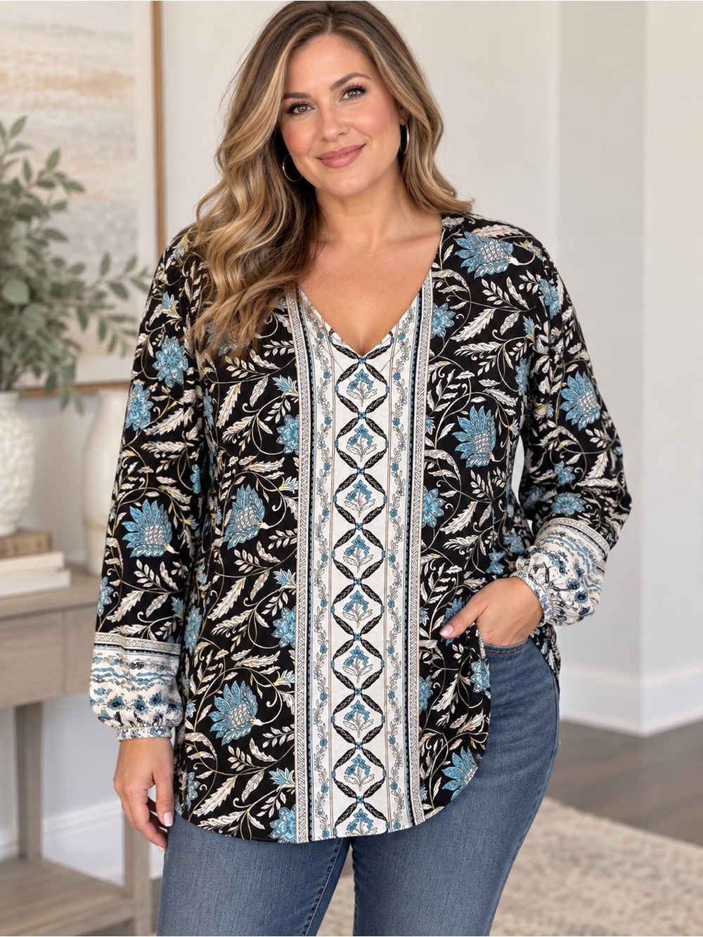 Belle by Kim Gravel Floral Boho Boarder Print Tunic Blouse Black Blue Size 2X